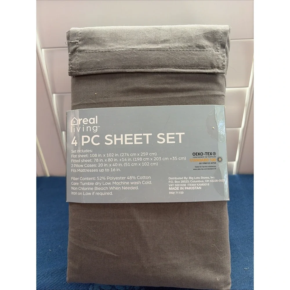 Real Living 4 pc. King Sheet Set Fitted Flat 2 Pillowcases Charcoal Gray